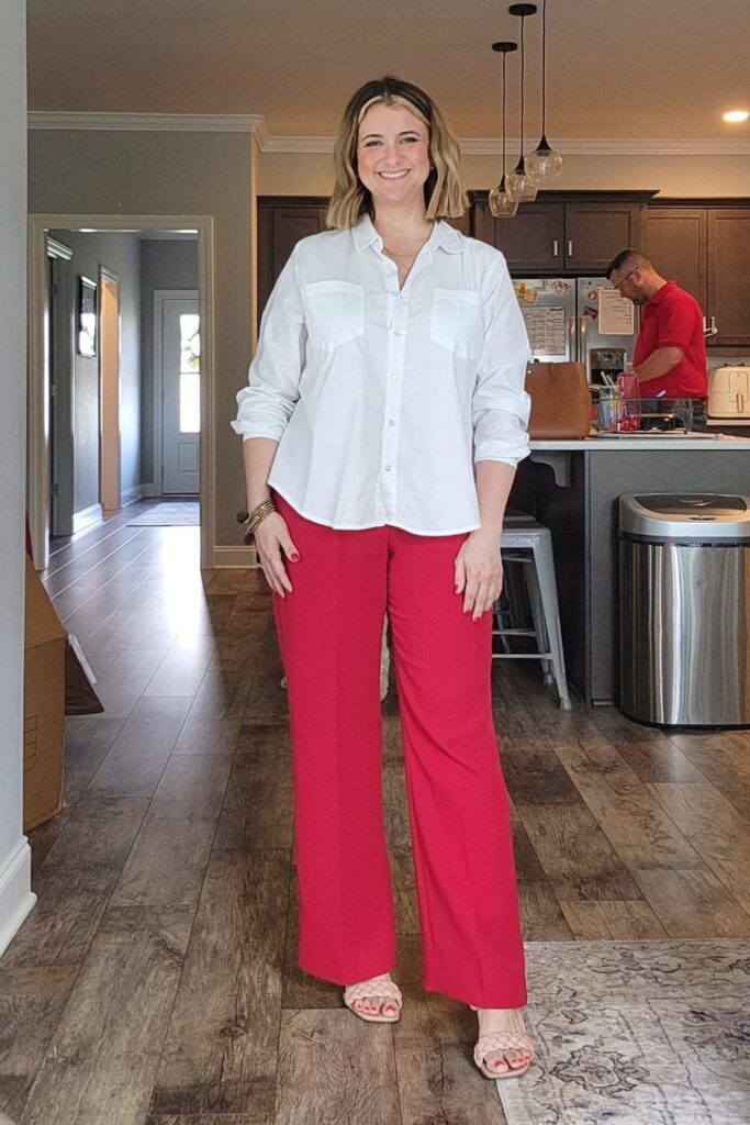 White Button-Up Shirt and Red Wide-Leg Pants