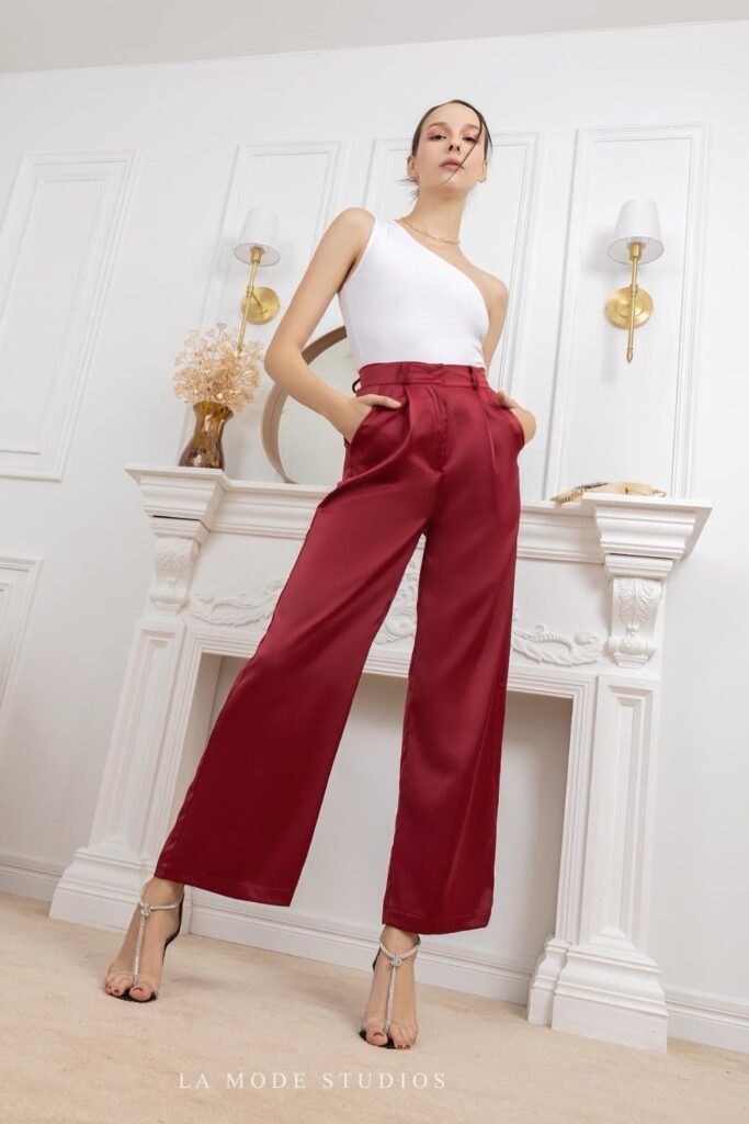 White One-Shoulder Top and Red Satin Pants