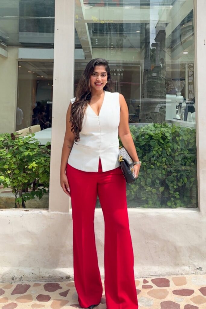 White Sleeveless Vest and Red Wide-Leg Pants