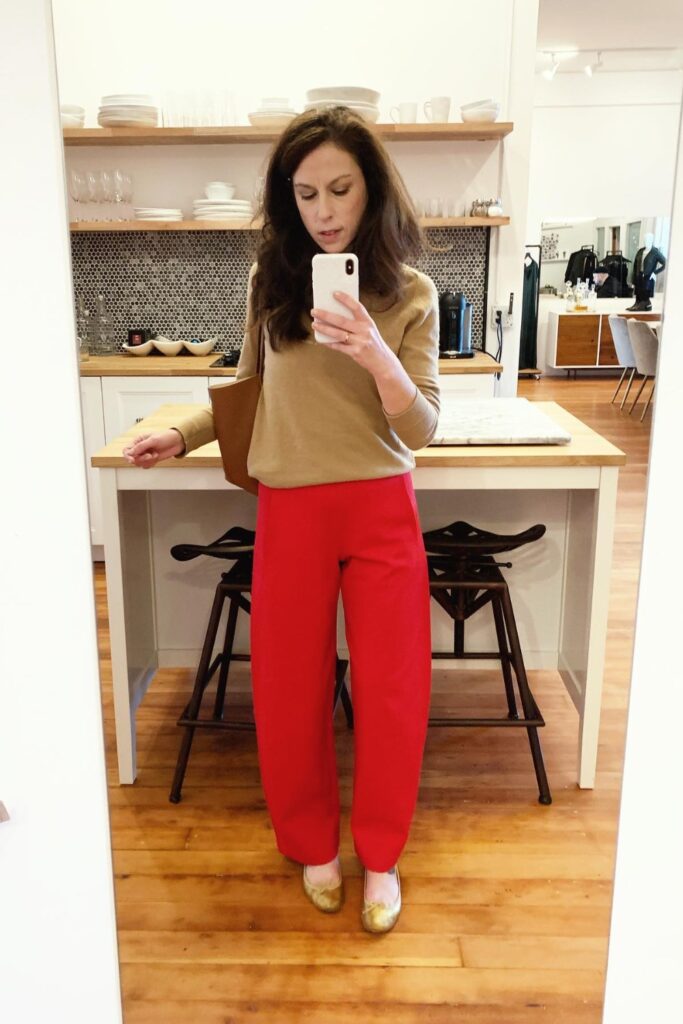 Camel Sweater and Red Wide-Leg Pants