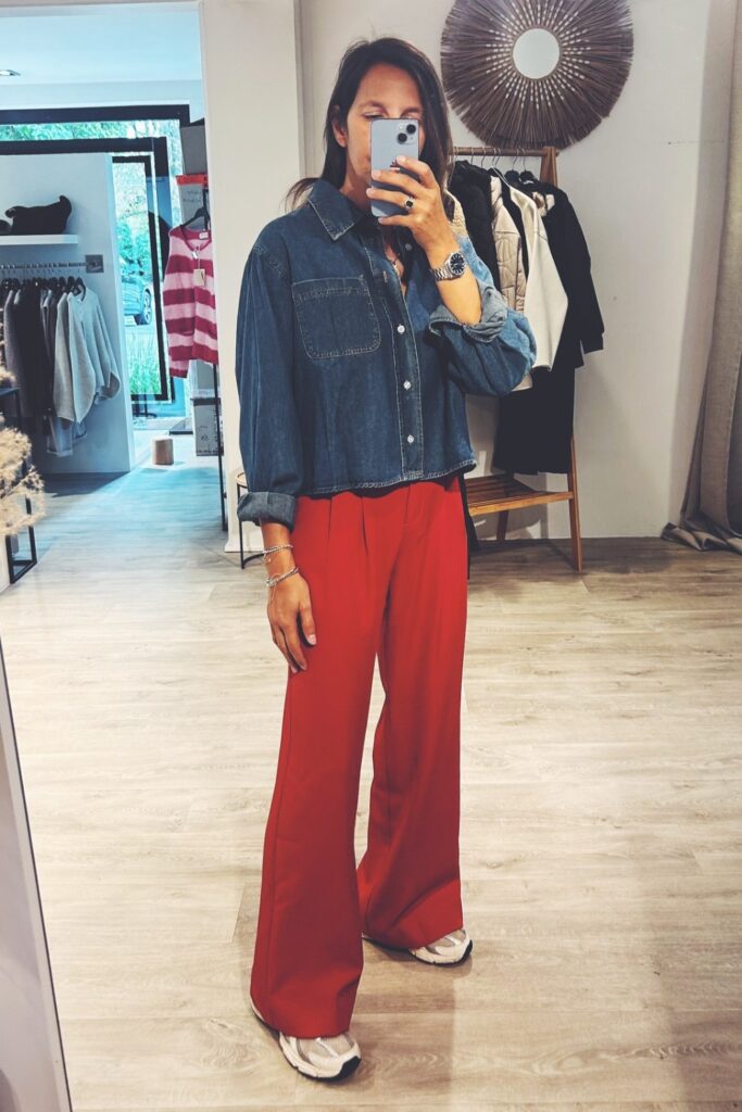 Blue Denim Shirt and Red Wide-Leg Pants