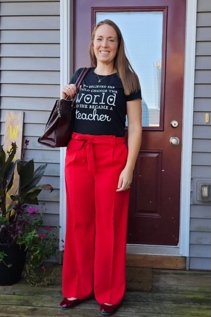 Black Graphic T-Shirt and Red Wide-Leg Pants