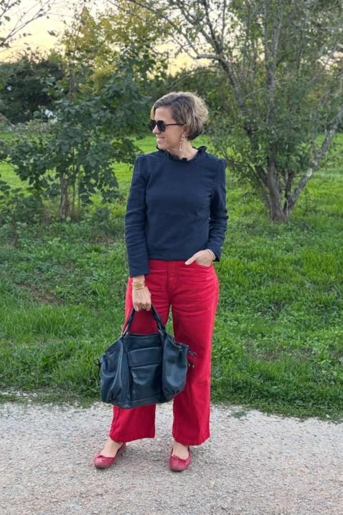 Navy Structured Top and Red Wide-Leg Pants