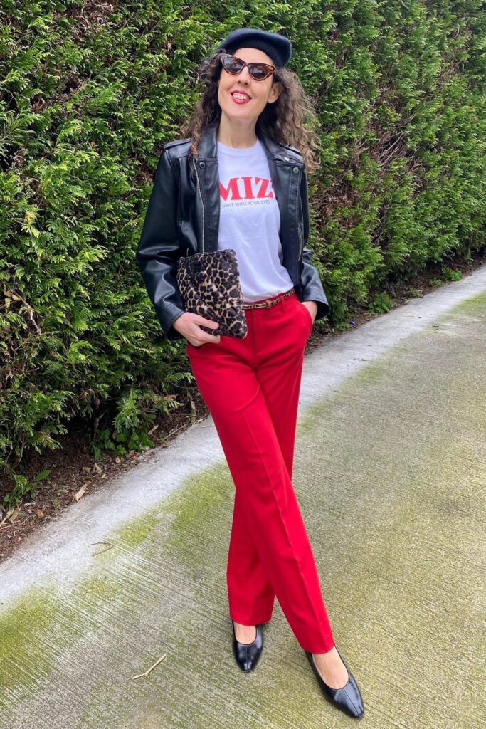 White T-Shirt, Black Leather Jacket, and Red Trousers