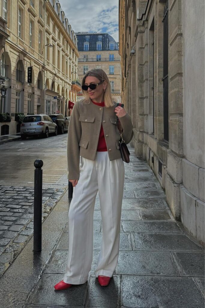 Sage Green Utility Jacket and White Trousers