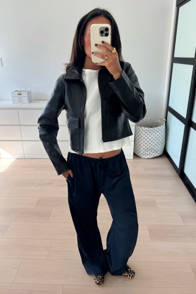 Black Leather Jacket and Navy Joggers