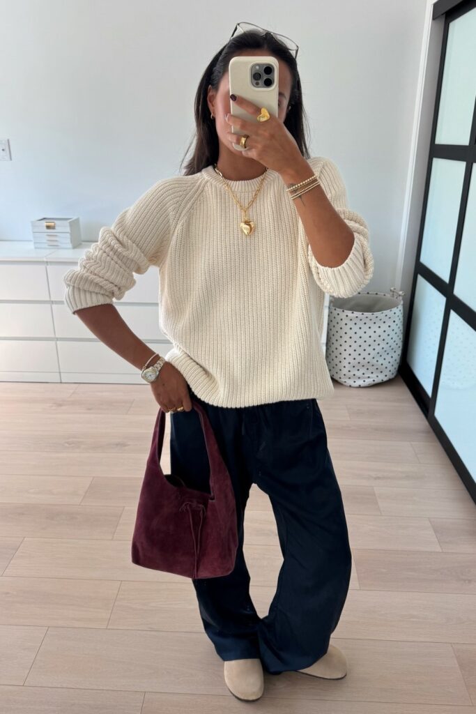 Cream Ribbed Crew Neck and Navy Pants