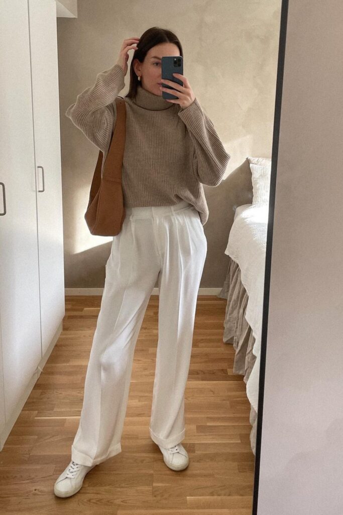 Beige Turtleneck and White Wide-Leg Pants