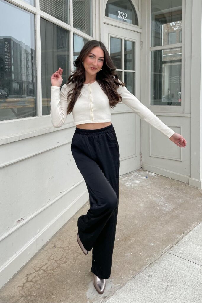 White Cropped Cardigan and Black Flowy Pants