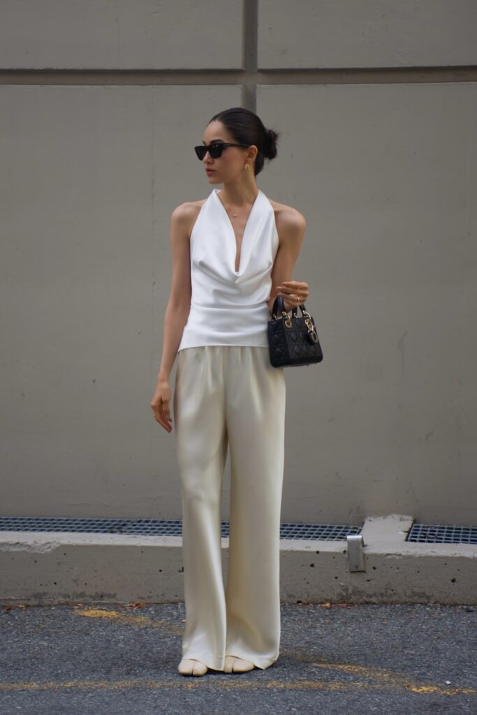 White Cowl-Neck Halter Top and Cream Wide-Leg Trousers