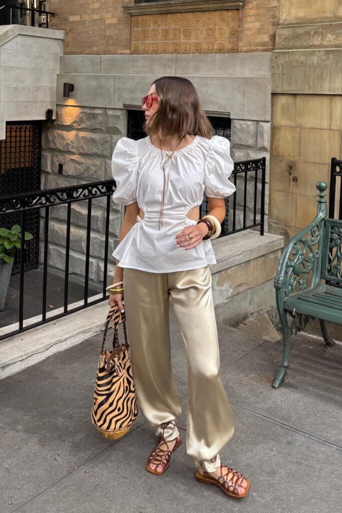 White Puff-Sleeve Blouse and Champagne Satin Pants