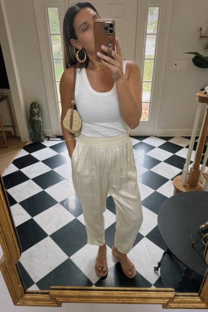 White Ribbed Tank Top and Cream Wide-Leg Pants
