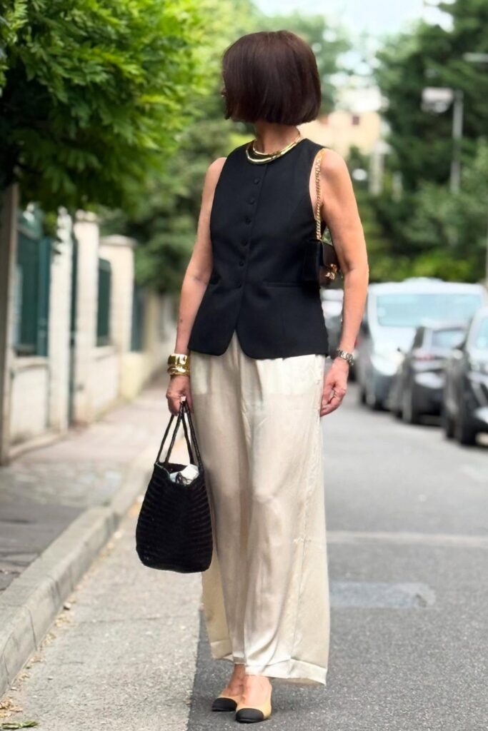 Black Sleeveless Button-Up Vest and Cream Pants