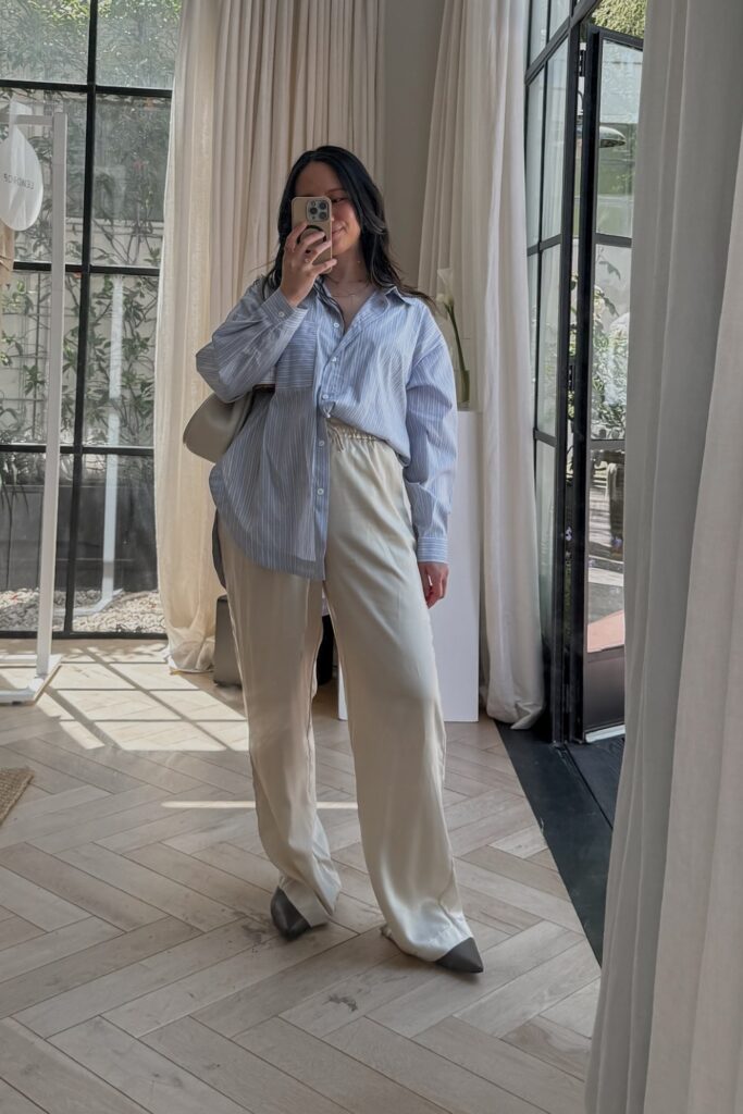 Light Blue Pinstriped Shirt and Cream Pants