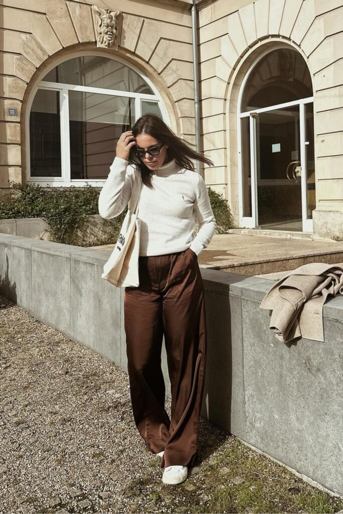 Cream Knit Sweater and Brown Pants