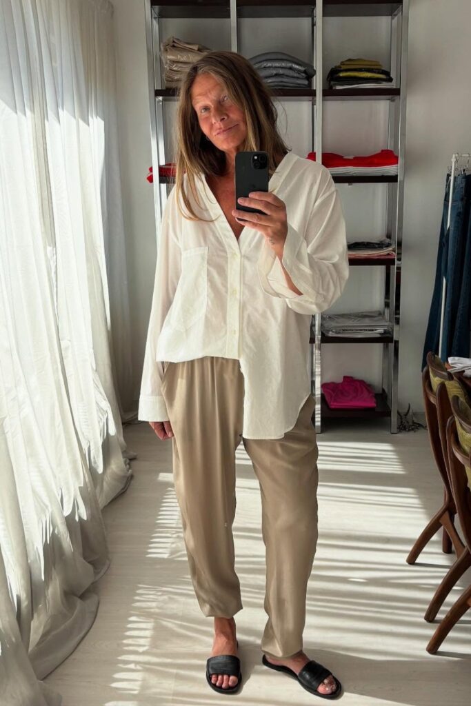 White Button-Up Shirt and Beige Pants
