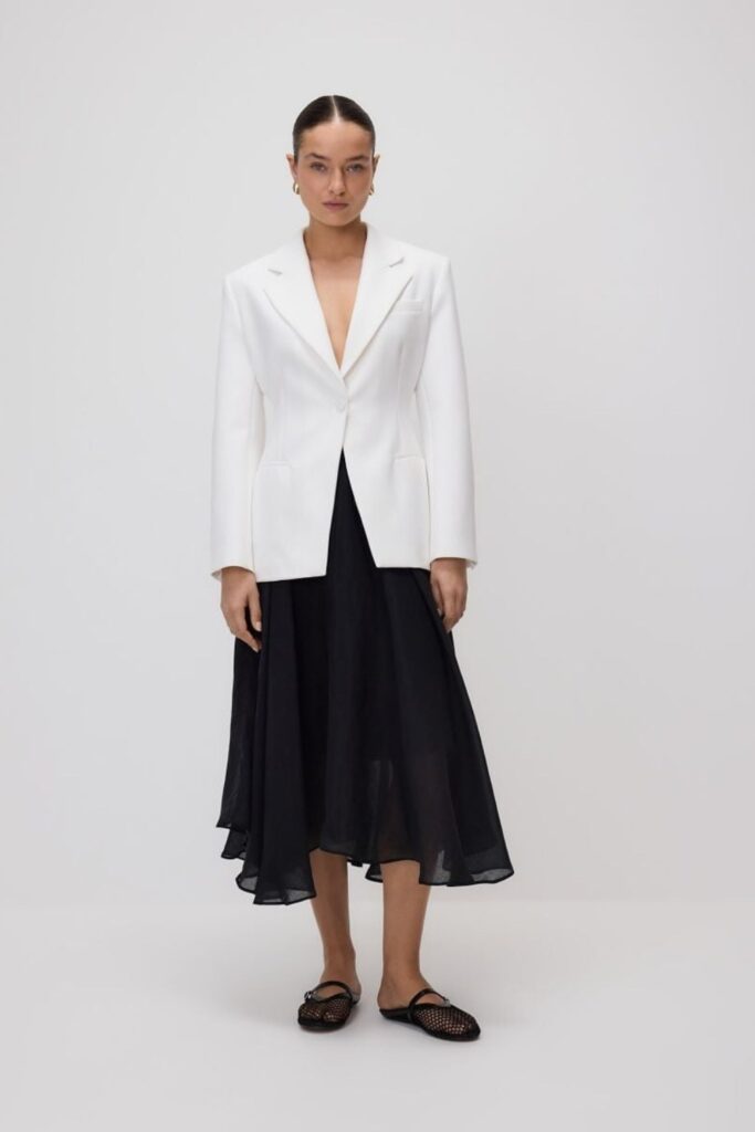 White Blazer and Black Midi Skirt