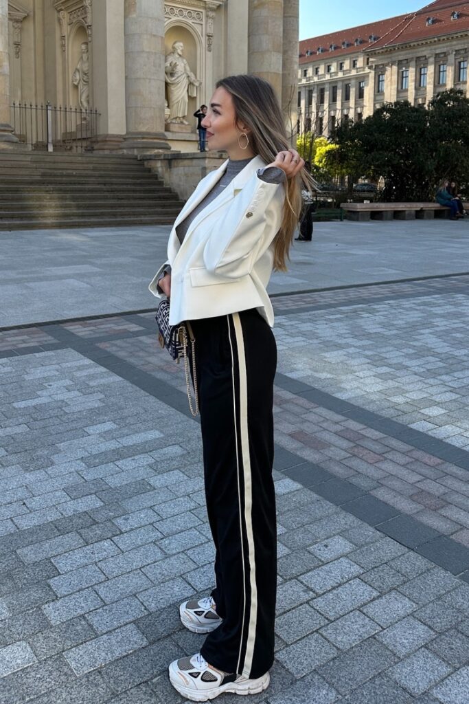 Crisp White Blazer and Black Athletic Pants