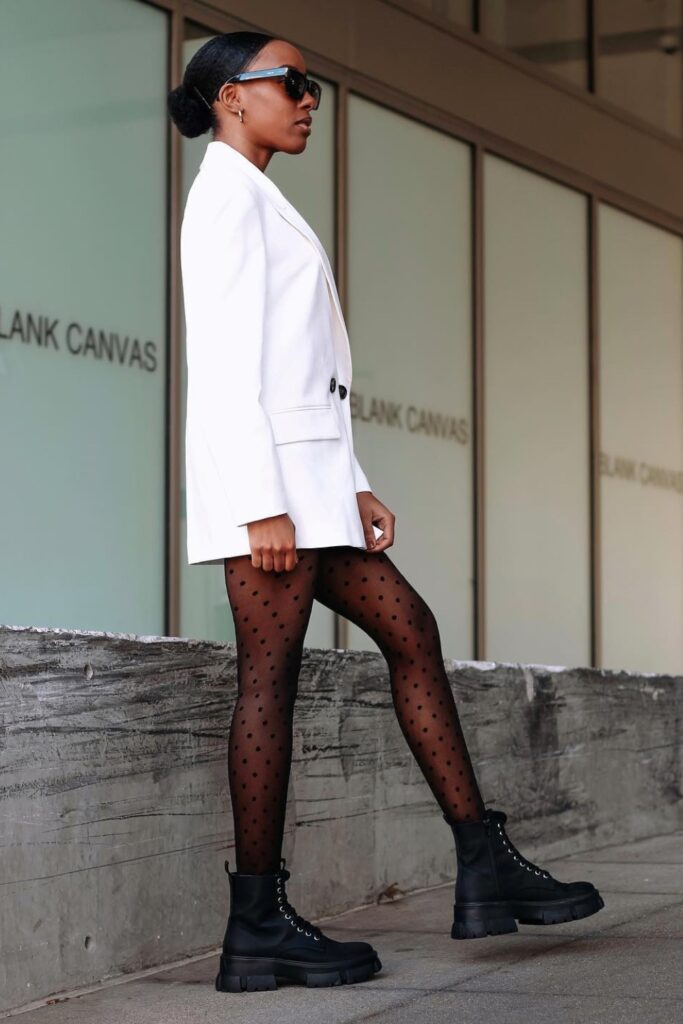 Structured White Blazer and Polka Dot Tights