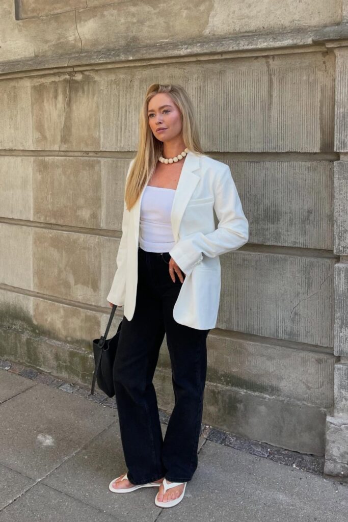White Structured Blazer and Black Wide-Leg Pants