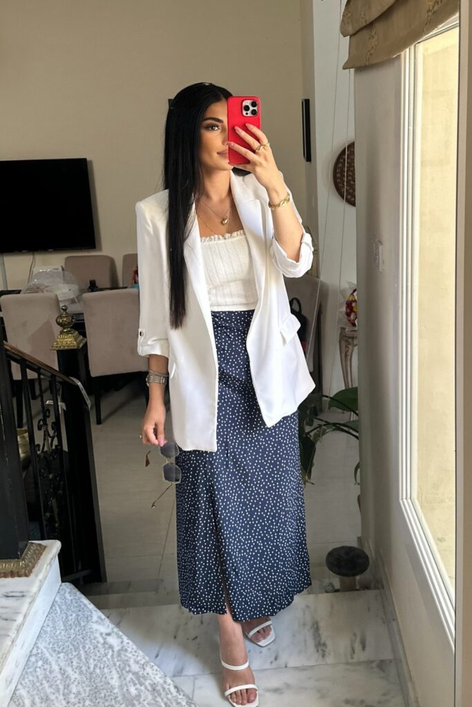 White Oversized Blazer and Navy Polka Dot Maxi Skirt