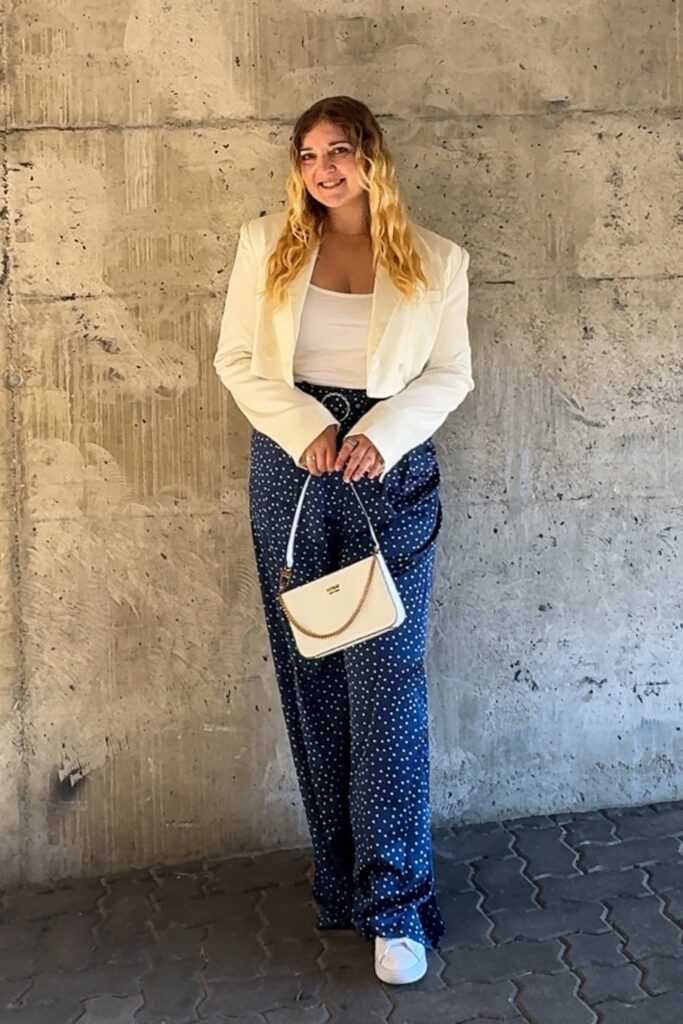 White Blazer and Navy Polka Dot Wide-Leg Pants