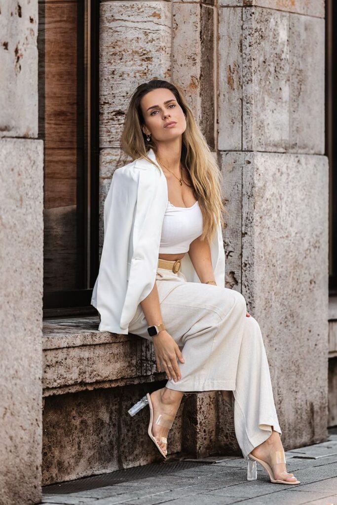 White Fitted Blazer and Cream Wide-Leg Pants