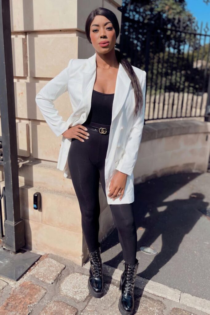 White Structured Blazer and Black Leggings