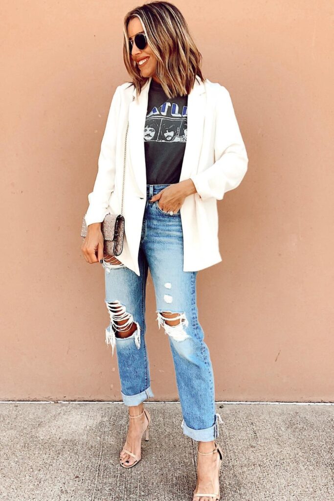 White Oversized Blazer and Distressed Jeans