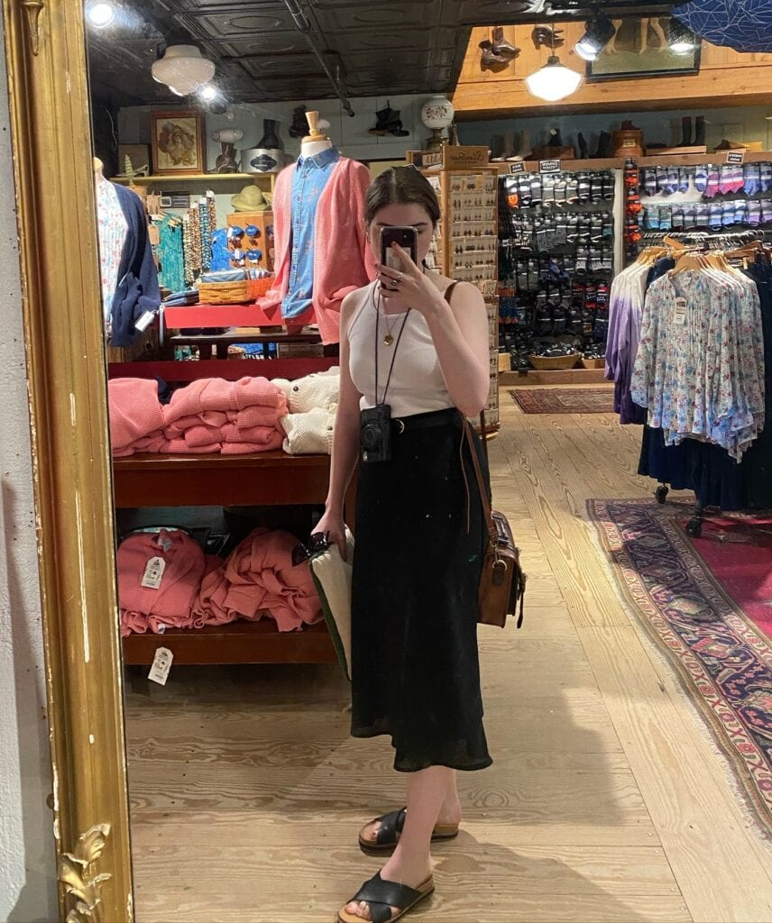 White Tank and Black Midi Skirt