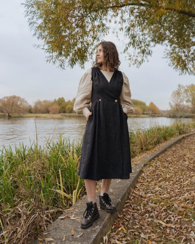 Black Pinafore Dress and Puff-Sleeve Shirt