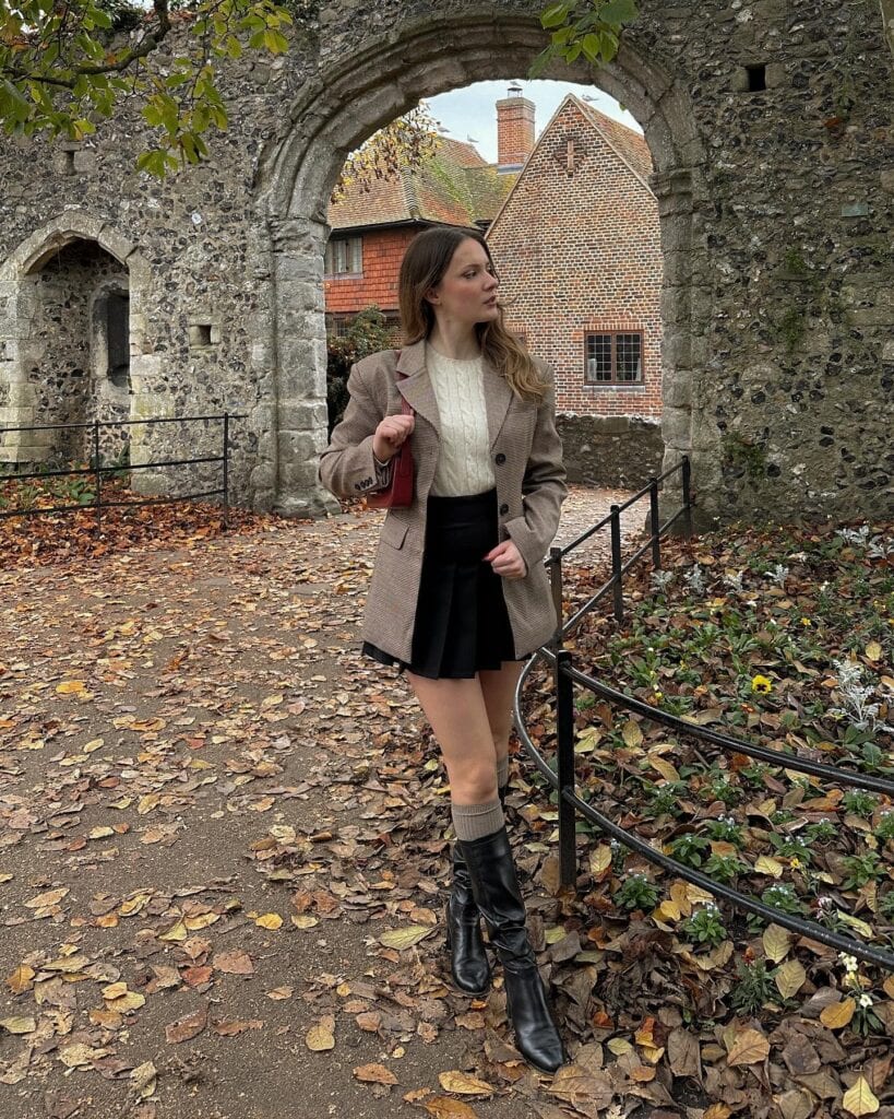 Checked Blazer and Cable-Knit Sweater