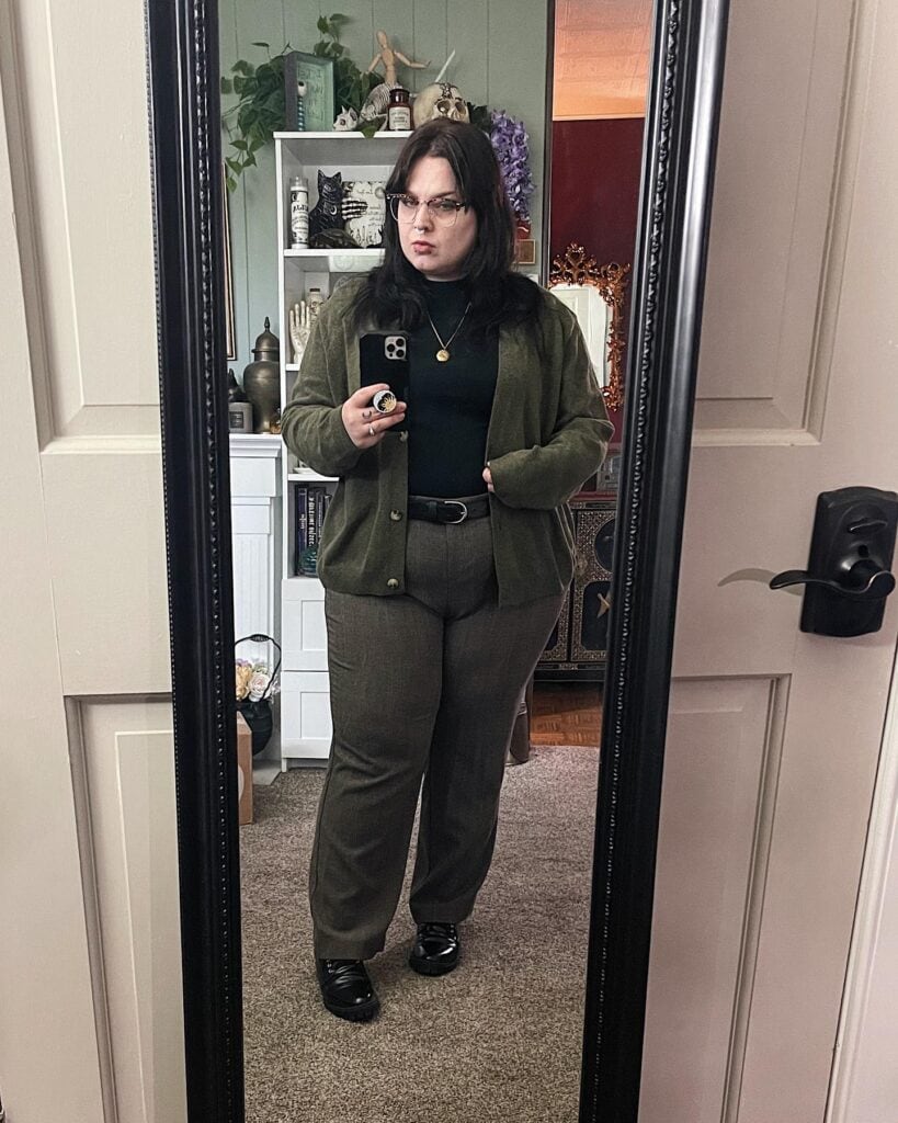 Olive Cardigan and Matching Trousers