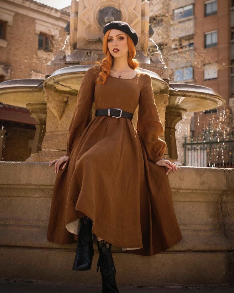 Camel Maxi Dress with Balloon Sleeves