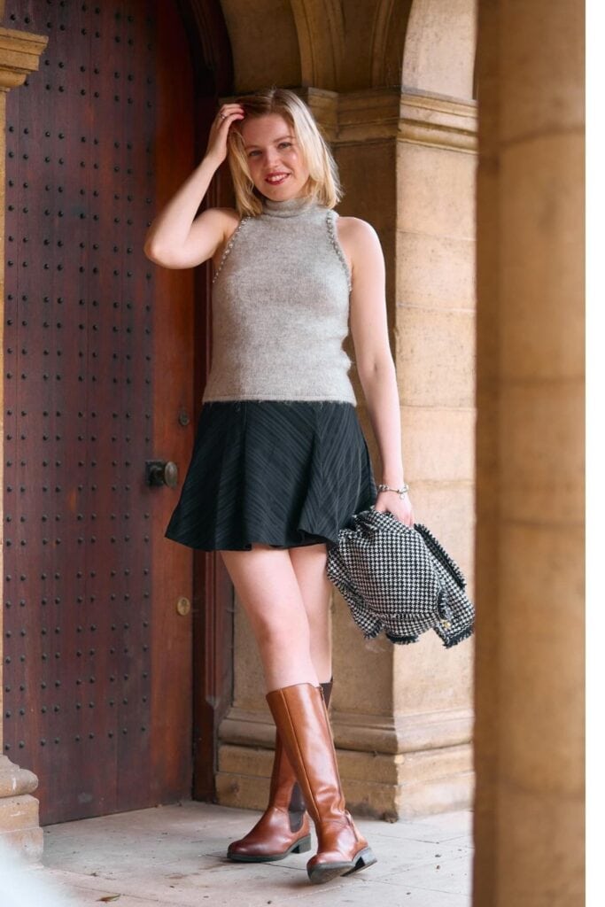 Gray Turtleneck and Pleated Mini Skirt