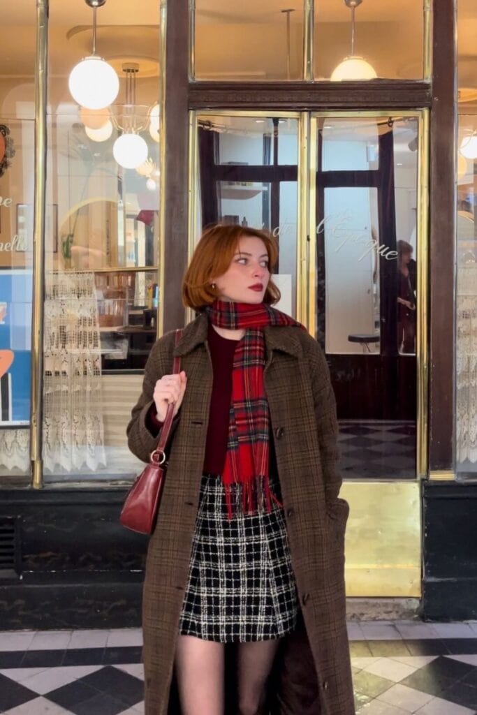 Olive Plaid Coat and Checkered Skirt