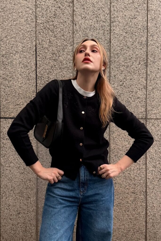 Black Cardigan and Light Wash Jeans