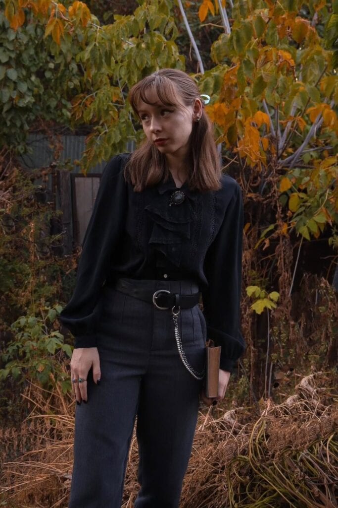 Black Victorian Blouse and High-Waisted Pants