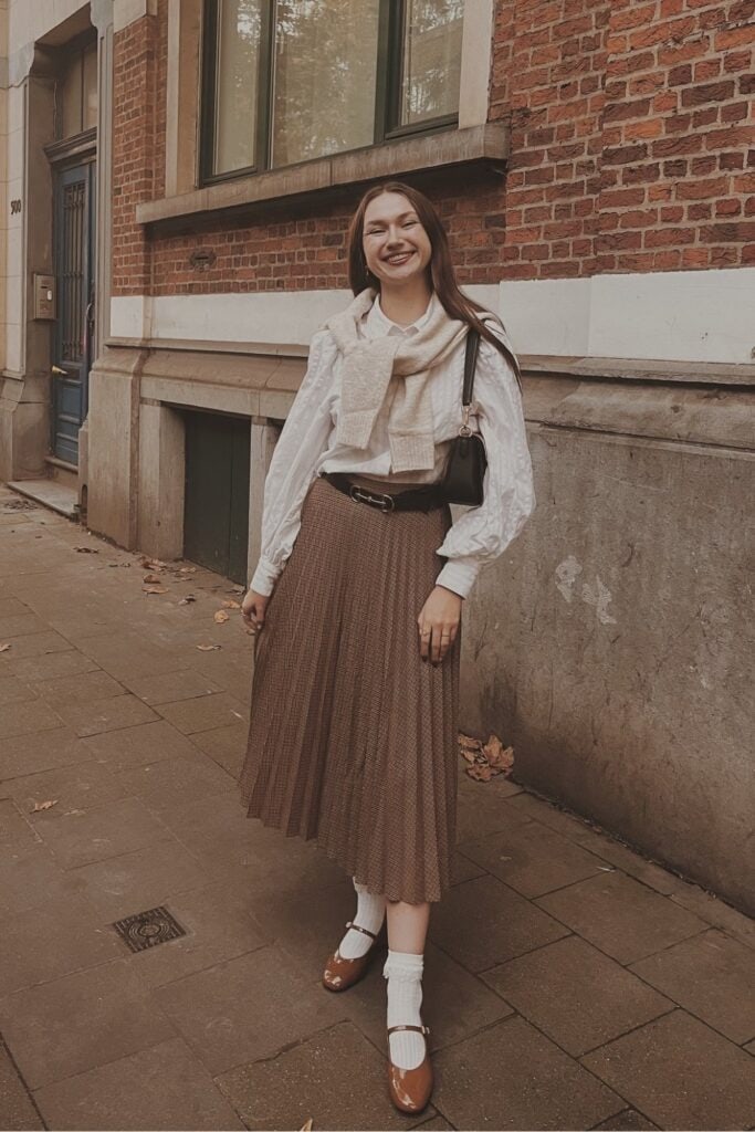 White Button-Up and Brown Midi Skirt