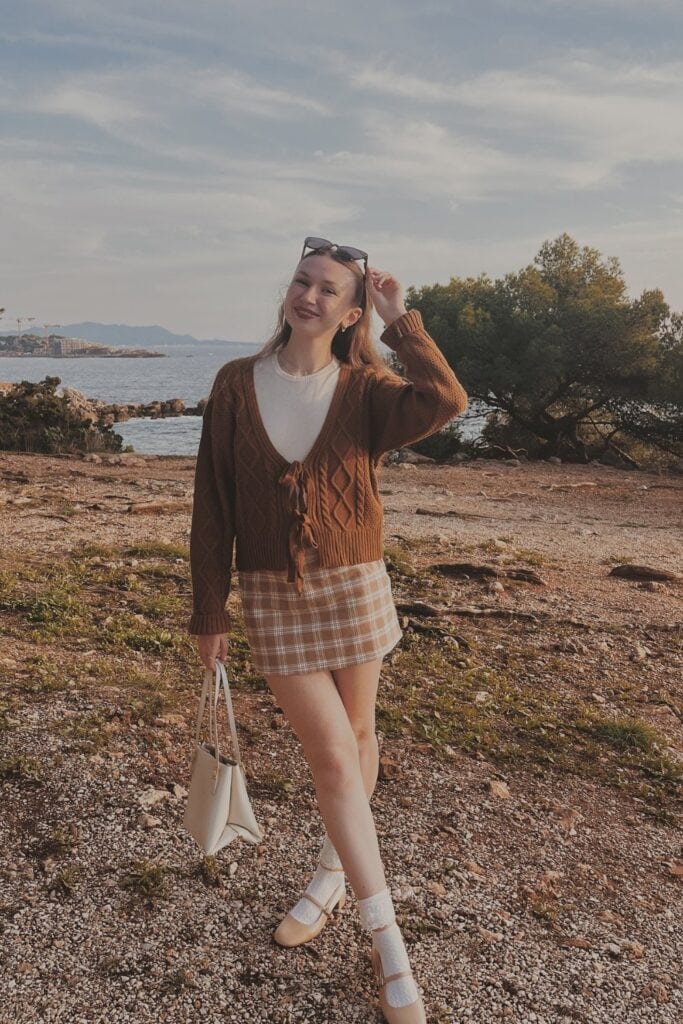 Rust Brown Cardigan and Plaid Skirt