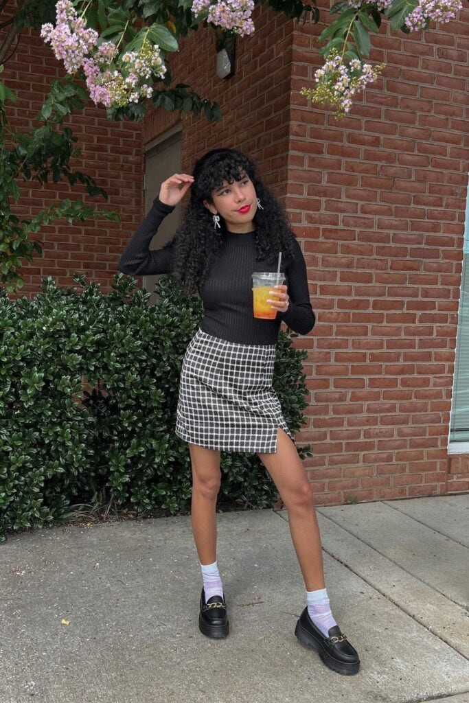 Black Ribbed Top and Checkered Skirt