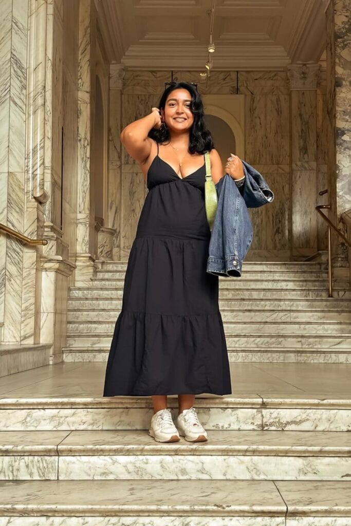 Black Tiered Maxi Dress and Denim Jacket