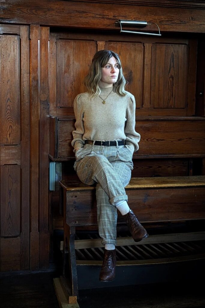 Beige Turtleneck and Plaid Trousers