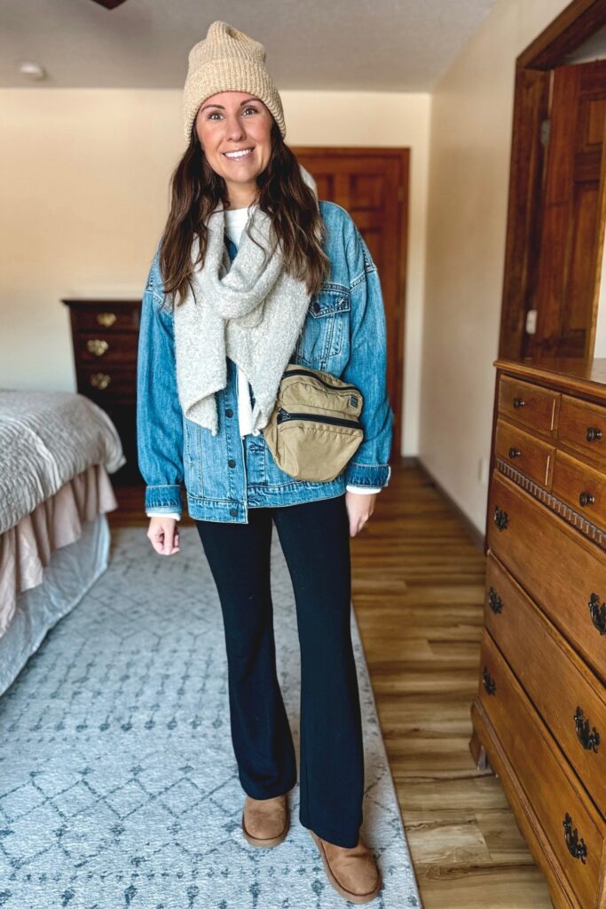 Oversized Denim Jacket and Knit Scarf