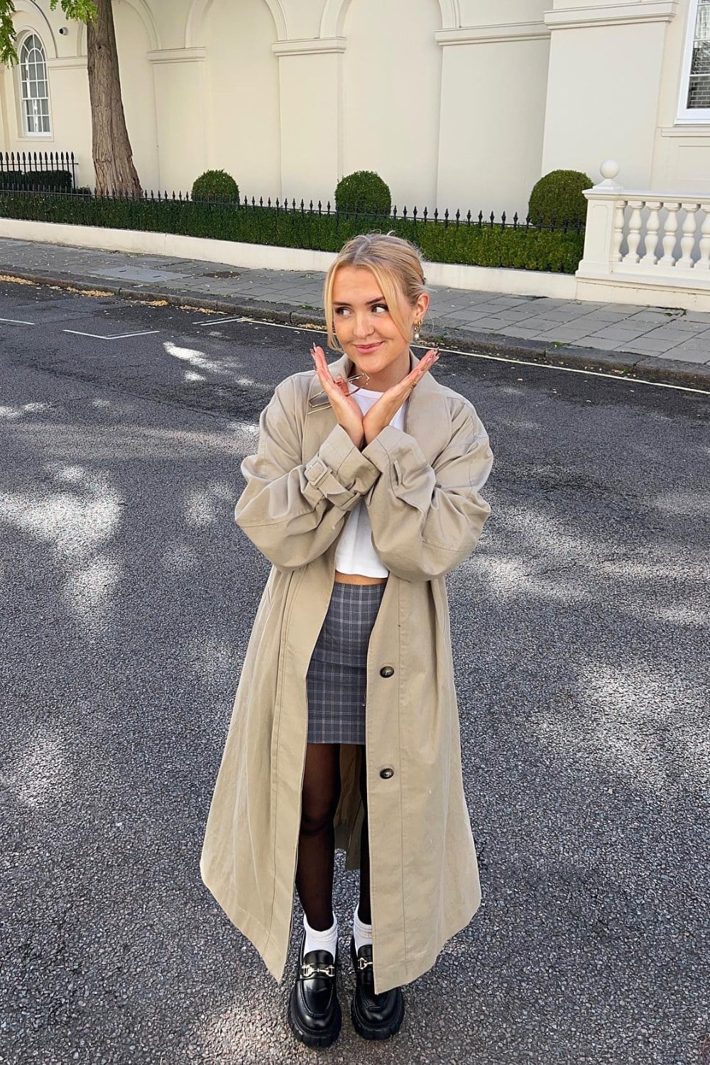 Oversized Trench Coat and Plaid Mini Skirt