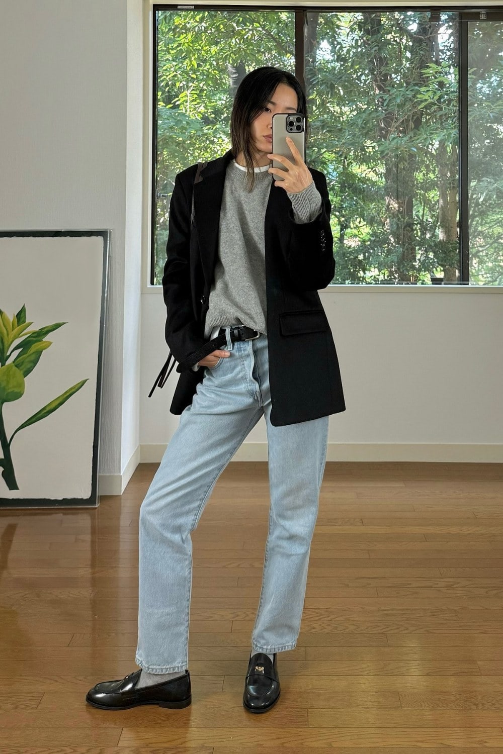Black Structured Blazer and Light-Wash Jeans