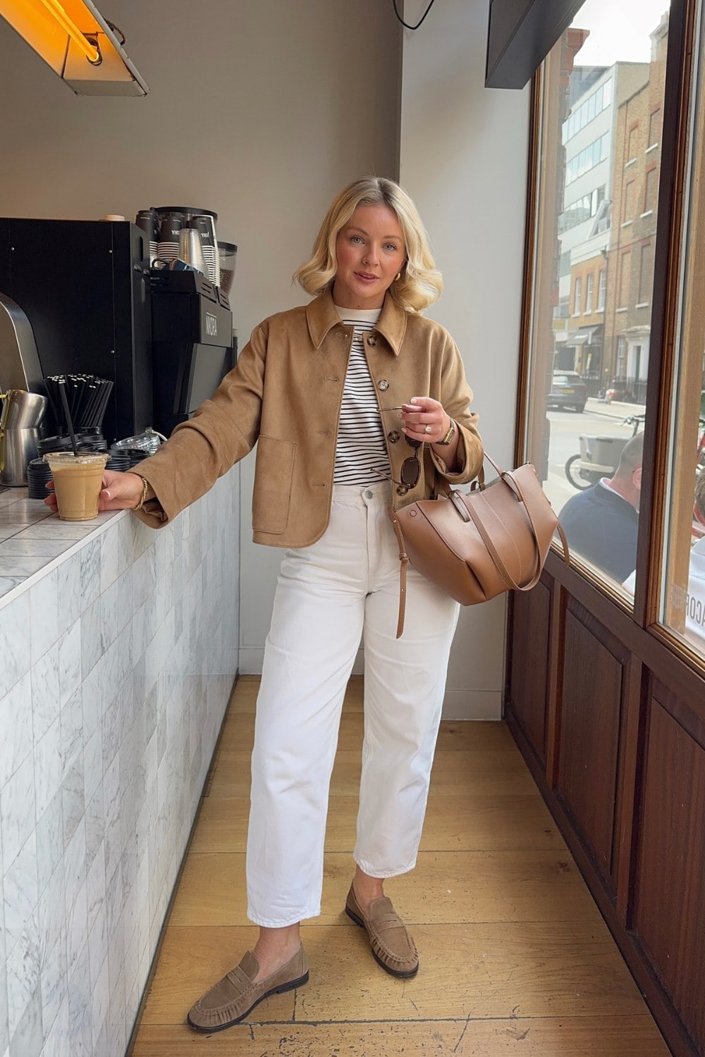 Camel Cropped Jacket and White Wide-Leg Pants