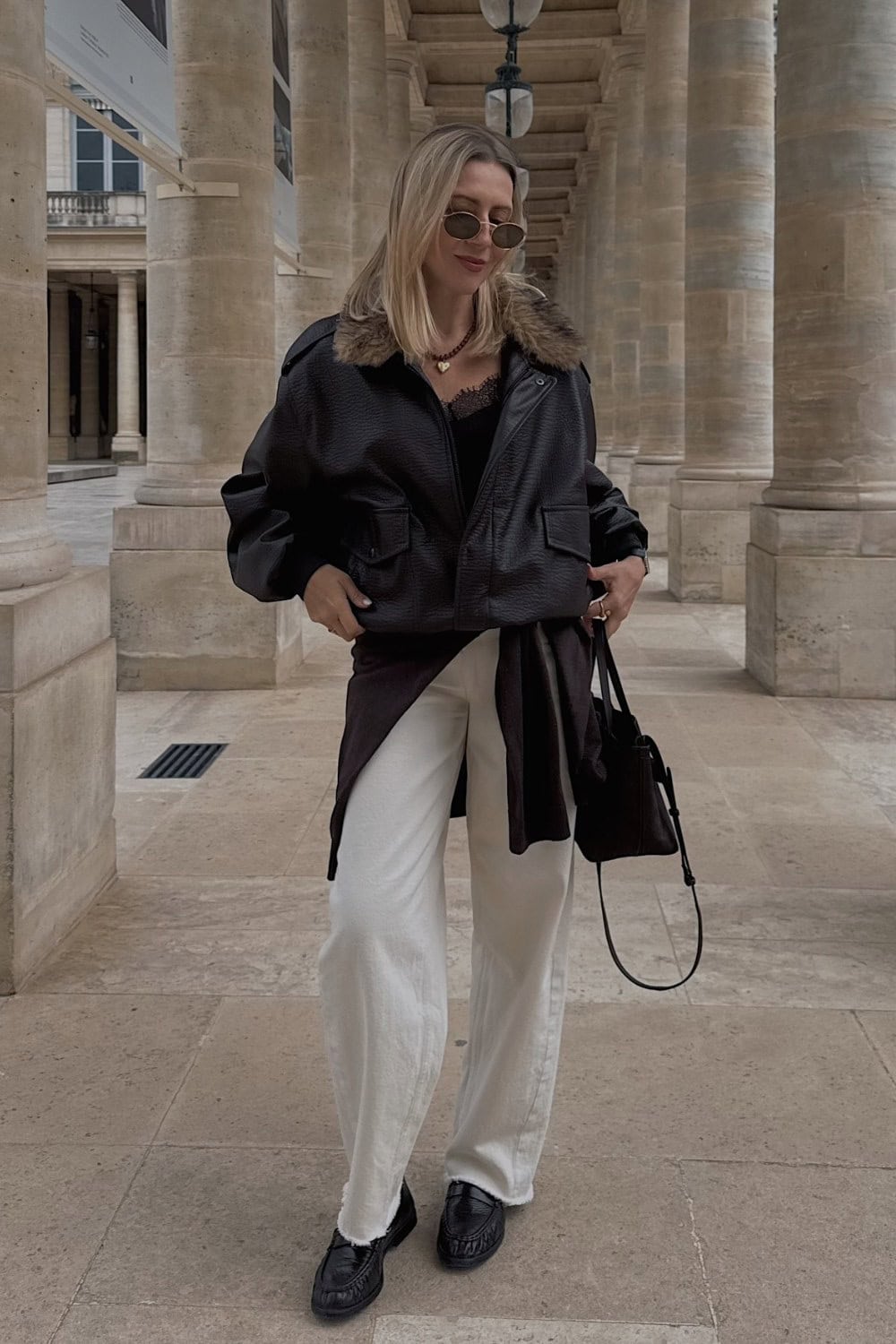 Black Leather Bomber Jacket and White Pants