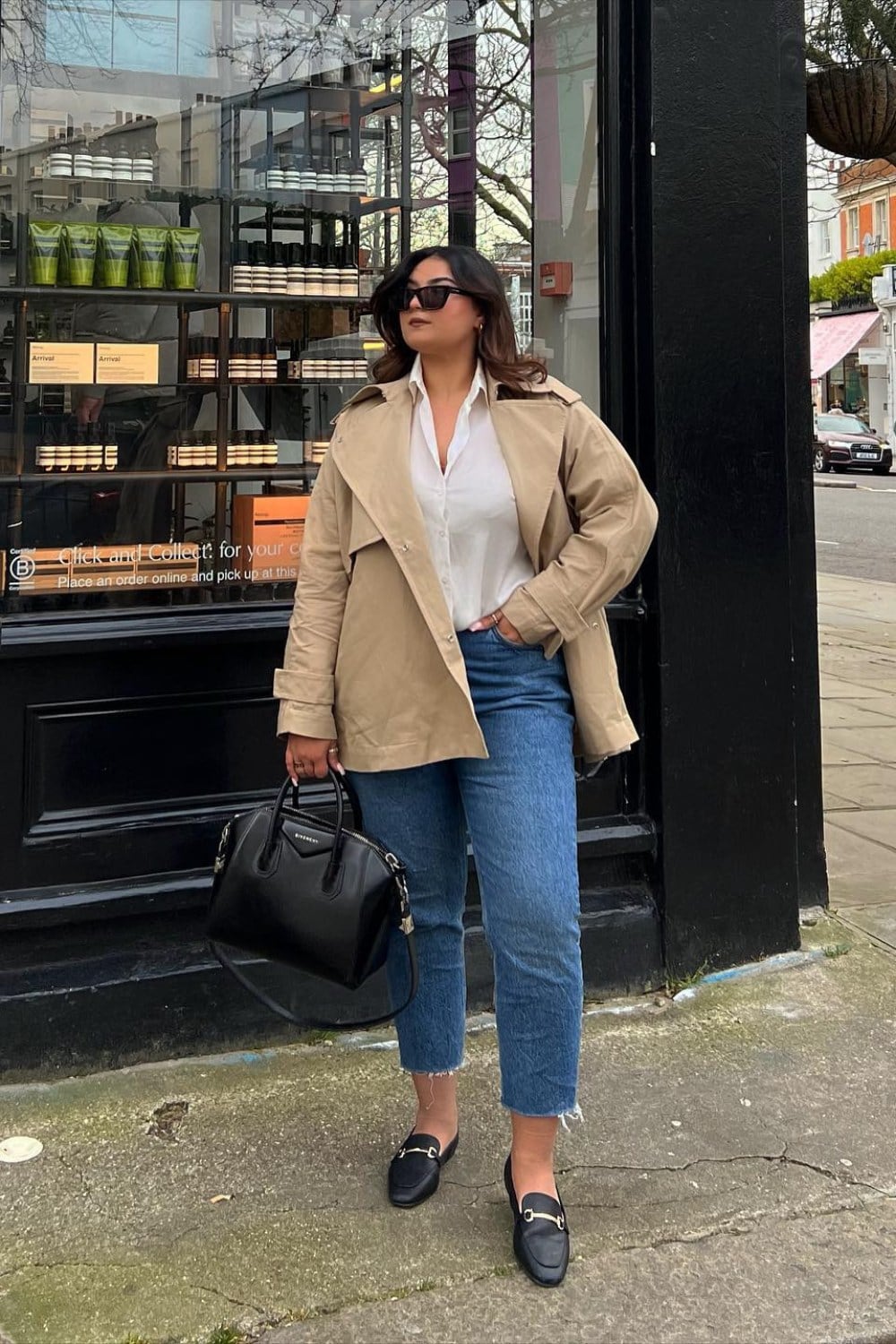Beige Trench Coat and Light Wash Jeans