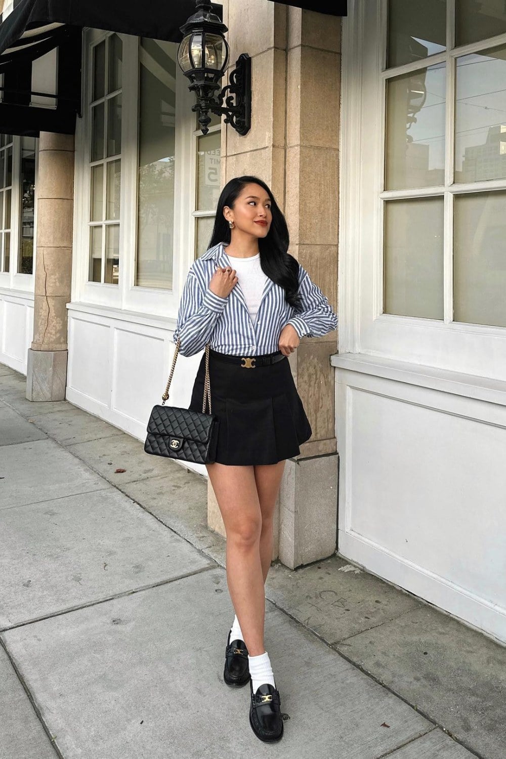 Blue Striped Shirt and Black Pleated Skirt